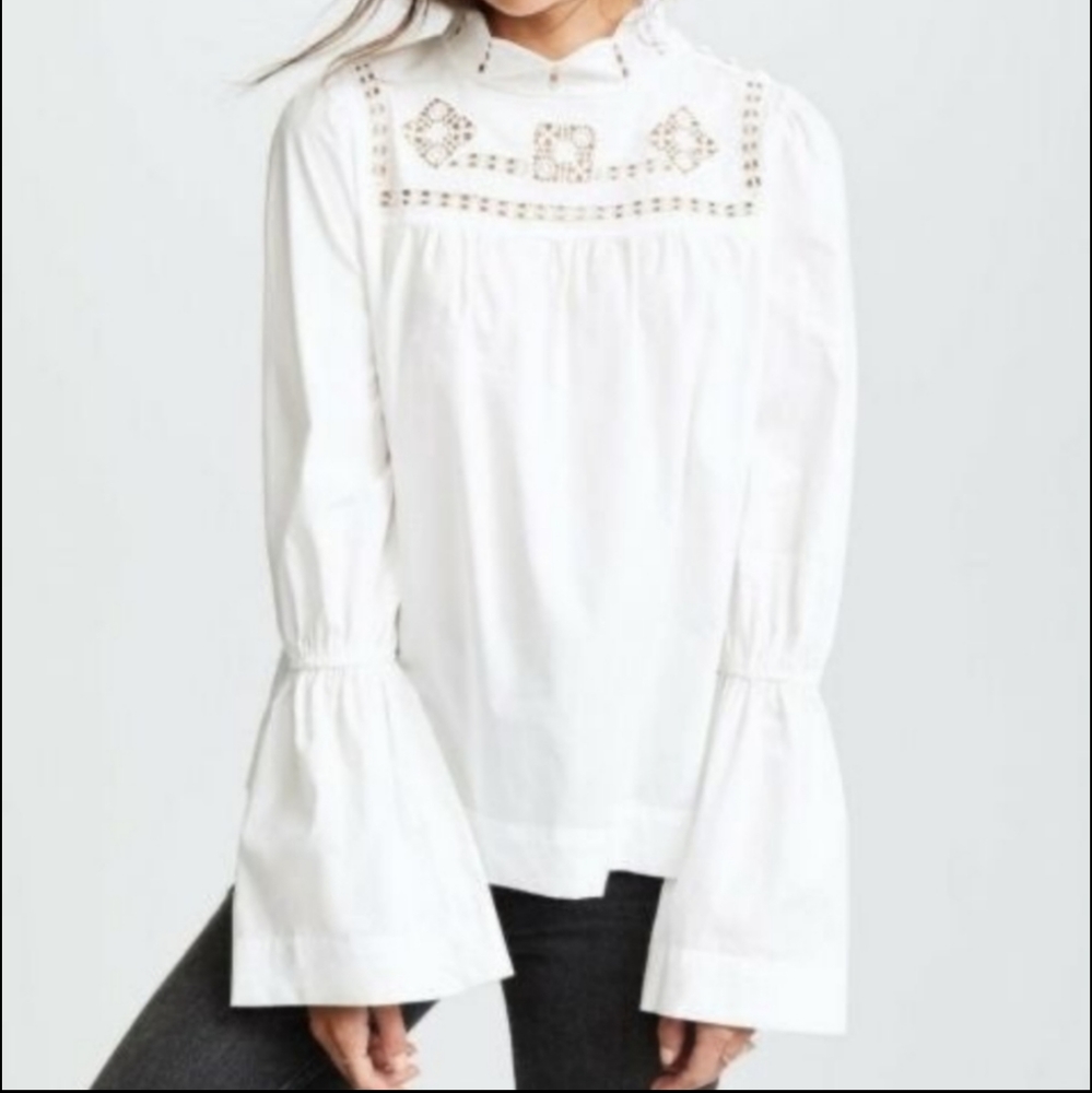Free People Another Eternity White Lacy High-Neck Bell-Sleeve Blouse